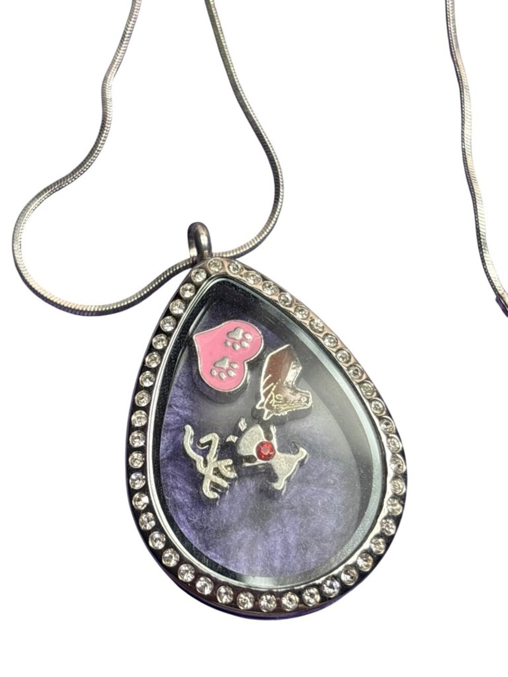 Teardrop Charm Pendant Necklace Heart Horse Girl Silvertone Serpentine Chain